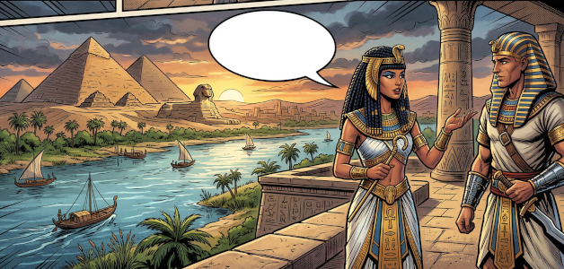 image of cartoon from ancient egypt with two characters talking next to the Nile River
