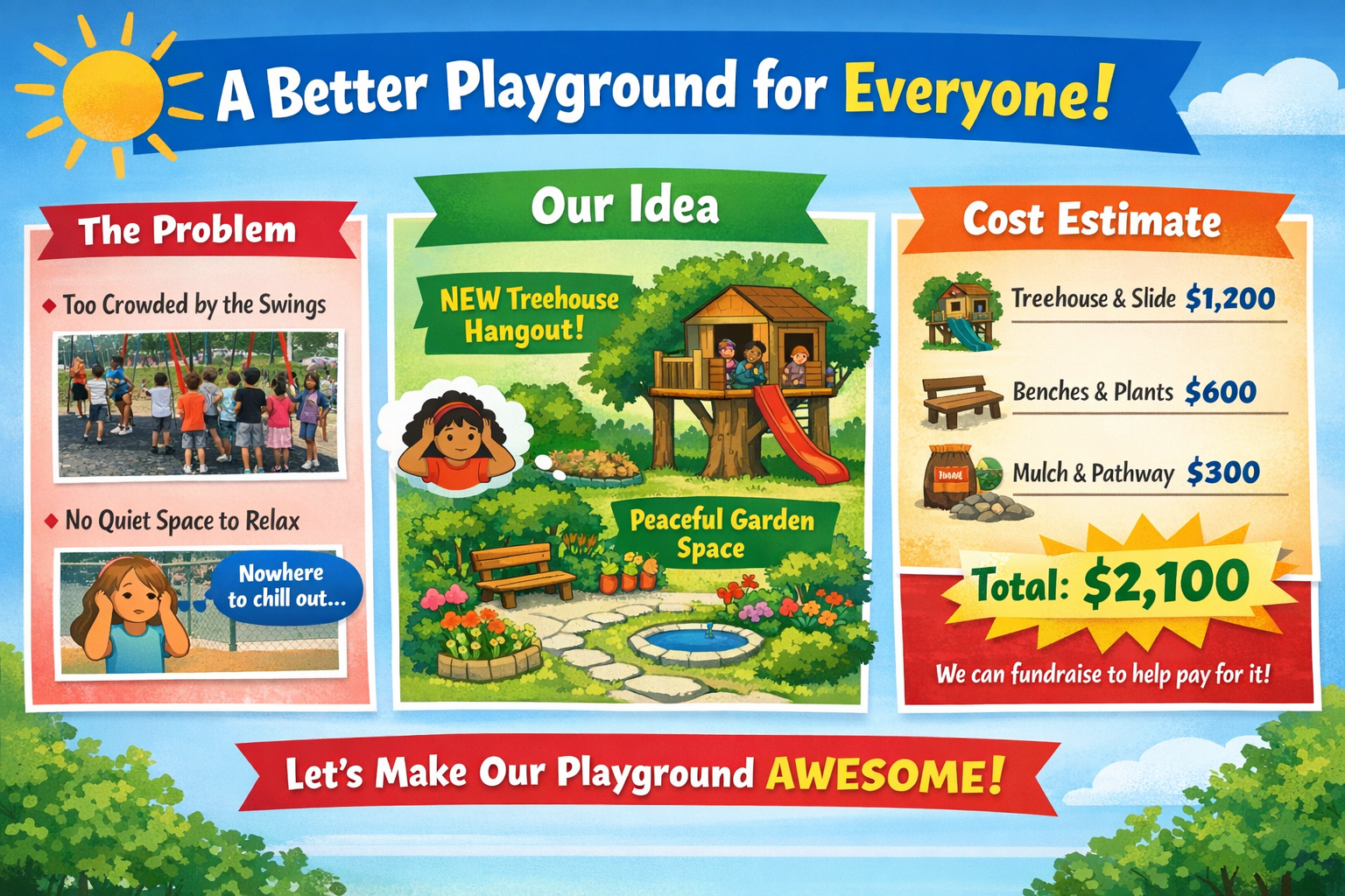 map of playground design with shady area with seating for reading and hanging out